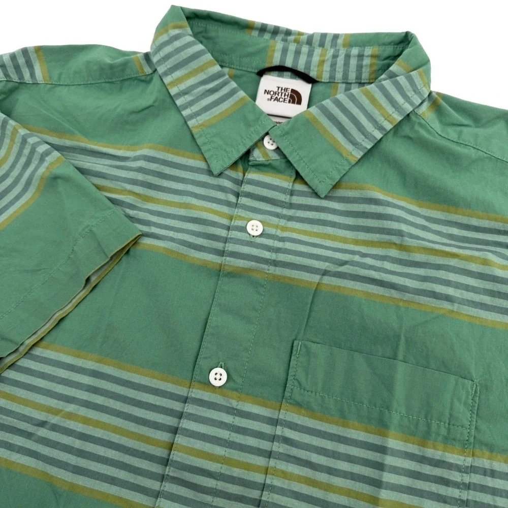 The North Face Shirt Mens L Green Striped Short Sleeve Hiking Pocket Gorpcore